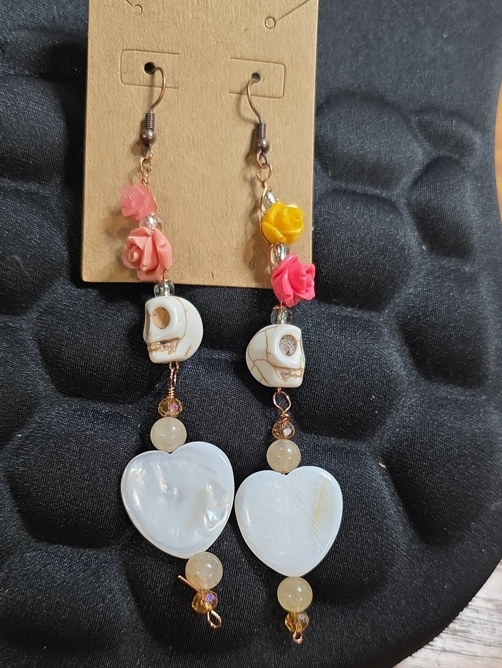 Handcrafted Pink & Yellow Floral Skull Earrings